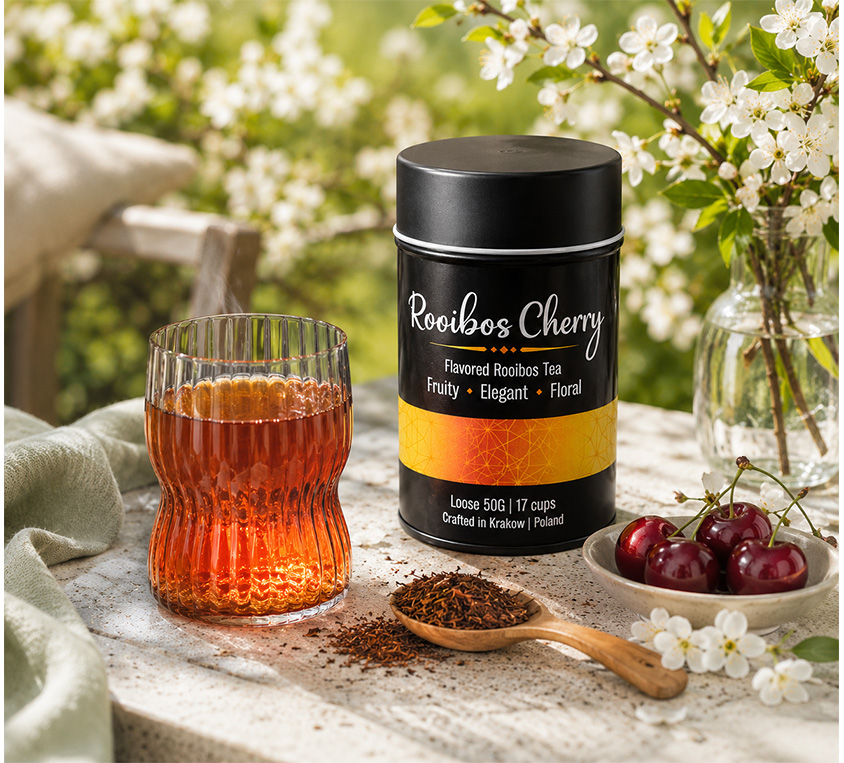 Rooibos Cherry Leo Tea w kubku prezentowym